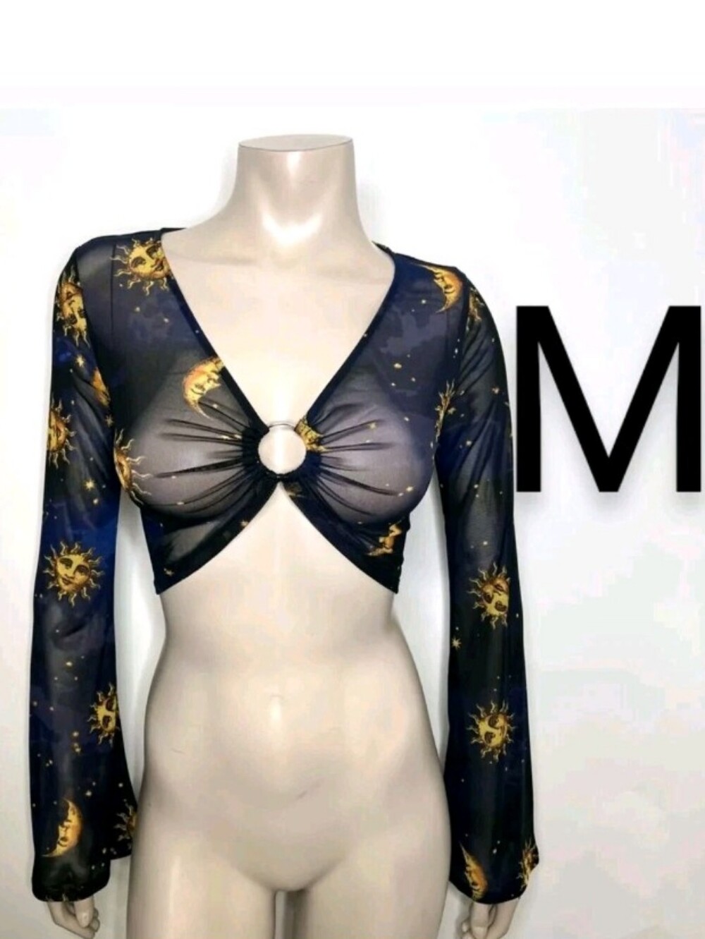 🆕Navy Sun & Moon Print Mesh Long Sleeve Crop Blouse~Size M